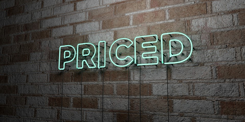 PRICED - Glowing Neon Sign on stonework wall - 3D rendered royalty free stock illustration.  Can be used for online banner ads and direct mailers..