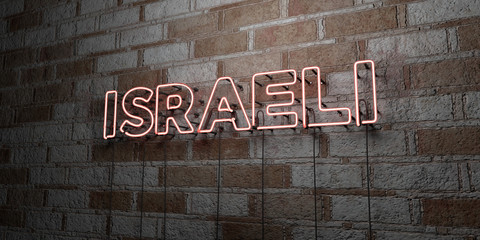 ISRAELI - Glowing Neon Sign on stonework wall - 3D rendered royalty free stock illustration.  Can be used for online banner ads and direct mailers..