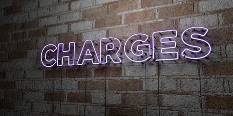 CHARGES - Glowing Neon Sign on stonework wall - 3D rendered royalty free stock illustration.  Can be used for online banner ads and direct mailers..
