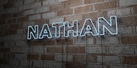 NATHAN - Glowing Neon Sign on stonework wall - 3D rendered royalty free stock illustration.  Can be used for online banner ads and direct mailers..