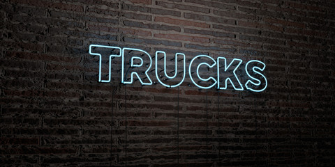 TRUCKS -Realistic Neon Sign on Brick Wall background - 3D rendered royalty free stock image. Can be used for online banner ads and direct mailers..