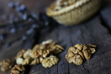 peeled walnut on a wooden background