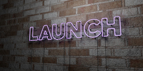 LAUNCH - Glowing Neon Sign on stonework wall - 3D rendered royalty free stock illustration.  Can be used for online banner ads and direct mailers..