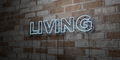 LIVING - Glowing Neon Sign on stonework wall - 3D rendered royalty free stock illustration.  Can be used for online banner ads and direct mailers..
