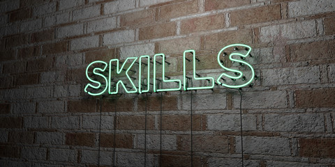 SKILLS - Glowing Neon Sign on stonework wall - 3D rendered royalty free stock illustration.  Can be used for online banner ads and direct mailers..