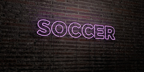 SOCCER -Realistic Neon Sign on Brick Wall background - 3D rendered royalty free stock image. Can be used for online banner ads and direct mailers..