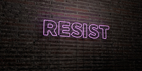 RESIST -Realistic Neon Sign on Brick Wall background - 3D rendered royalty free stock image. Can be used for online banner ads and direct mailers..