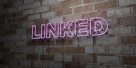 LINKED - Glowing Neon Sign on stonework wall - 3D rendered royalty free stock illustration.  Can be used for online banner ads and direct mailers..