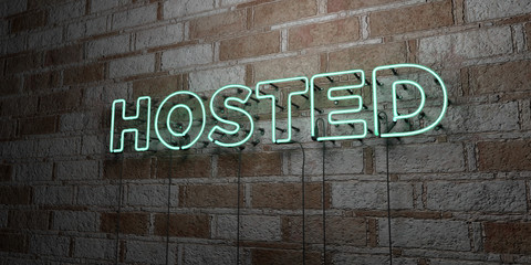 HOSTED - Glowing Neon Sign on stonework wall - 3D rendered royalty free stock illustration.  Can be used for online banner ads and direct mailers..