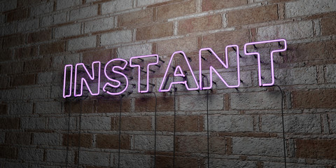 INSTANT - Glowing Neon Sign on stonework wall - 3D rendered royalty free stock illustration.  Can be used for online banner ads and direct mailers..