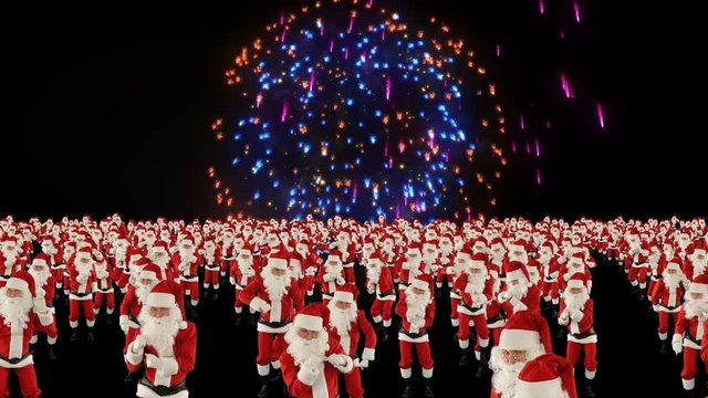 Santa Claus Crowd Dacing, Christmas Party cam fly over, fireworks display