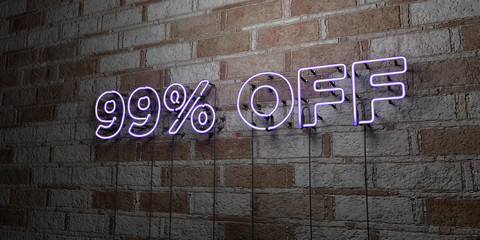 99% OFF - Glowing Neon Sign on stonework wall - 3D rendered royalty free stock illustration.  Can be used for online banner ads and direct mailers..