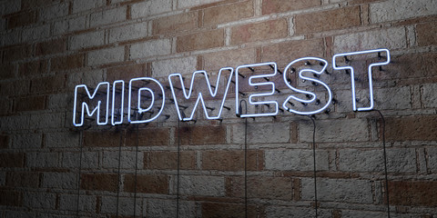 MIDWEST - Glowing Neon Sign on stonework wall - 3D rendered royalty free stock illustration.  Can be used for online banner ads and direct mailers.. - obrazy, fototapety, plakaty