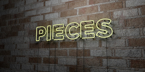 Fototapeta na wymiar PIECES - Glowing Neon Sign on stonework wall - 3D rendered royalty free stock illustration. Can be used for online banner ads and direct mailers..