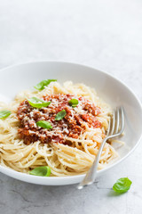 Spaghetti pasta with bolognese sauce and  parmesan cheese