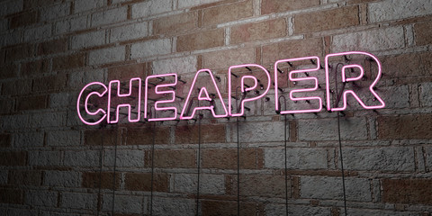 Fototapeta na wymiar CHEAPER - Glowing Neon Sign on stonework wall - 3D rendered royalty free stock illustration. Can be used for online banner ads and direct mailers..