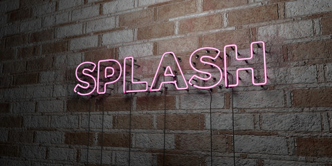 SPLASH - Glowing Neon Sign on stonework wall - 3D rendered royalty free stock illustration.  Can be used for online banner ads and direct mailers..