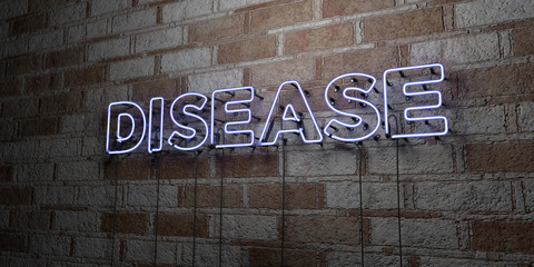 DISEASE - Glowing Neon Sign on stonework wall - 3D rendered royalty free stock illustration.  Can be used for online banner ads and direct mailers..