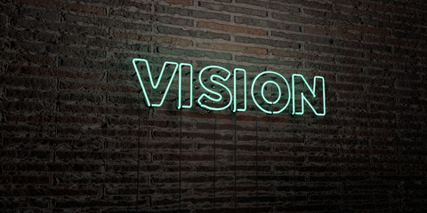 VISION -Realistic Neon Sign on Brick Wall background - 3D rendered royalty free stock image. Can be used for online banner ads and direct mailers..