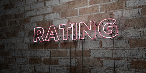 RATING - Glowing Neon Sign on stonework wall - 3D rendered royalty free stock illustration.  Can be used for online banner ads and direct mailers..