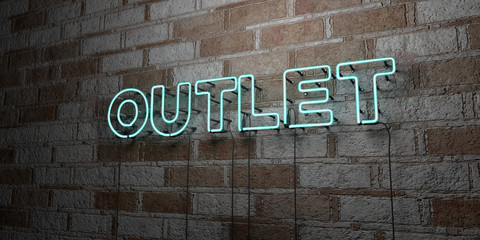 Fototapeta premium OUTLET - Glowing Neon Sign on stonework wall - 3D rendered royalty free stock illustration. Can be used for online banner ads and direct mailers..