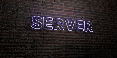 SERVER -Realistic Neon Sign on Brick Wall background - 3D rendered royalty free stock image. Can be used for online banner ads and direct mailers..