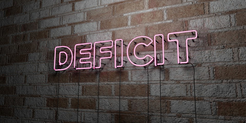 DEFICIT - Glowing Neon Sign on stonework wall - 3D rendered royalty free stock illustration.  Can be used for online banner ads and direct mailers..