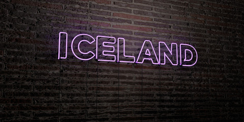 ICELAND -Realistic Neon Sign on Brick Wall background - 3D rendered royalty free stock image. Can be used for online banner ads and direct mailers..