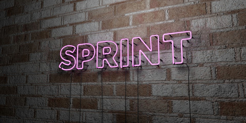 SPRINT - Glowing Neon Sign on stonework wall - 3D rendered royalty free stock illustration.  Can be used for online banner ads and direct mailers..