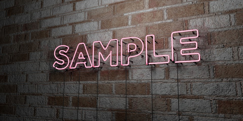 SAMPLE - Glowing Neon Sign on stonework wall - 3D rendered royalty free stock illustration.  Can be used for online banner ads and direct mailers..
