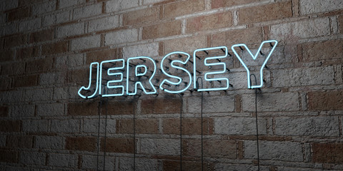 JERSEY - Glowing Neon Sign on stonework wall - 3D rendered royalty free stock illustration.  Can be used for online banner ads and direct mailers..