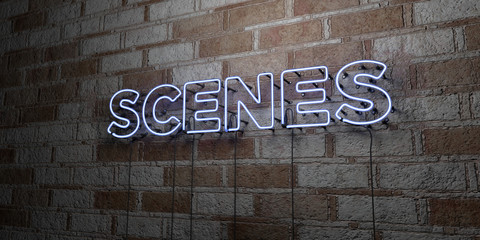 Fototapeta premium SCENES - Glowing Neon Sign on stonework wall - 3D rendered royalty free stock illustration. Can be used for online banner ads and direct mailers..