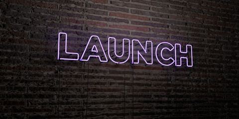 LAUNCH -Realistic Neon Sign on Brick Wall background - 3D rendered royalty free stock image. Can be used for online banner ads and direct mailers..