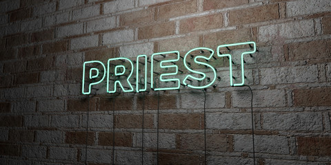 PRIEST - Glowing Neon Sign on stonework wall - 3D rendered royalty free stock illustration.  Can be used for online banner ads and direct mailers..