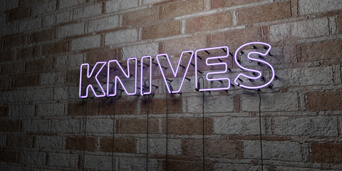 KNIVES - Glowing Neon Sign on stonework wall - 3D rendered royalty free stock illustration.  Can be used for online banner ads and direct mailers..