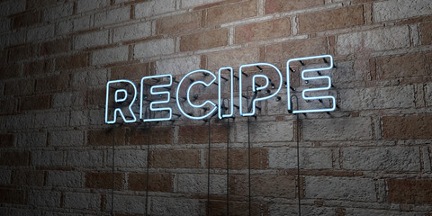 RECIPE - Glowing Neon Sign on stonework wall - 3D rendered royalty free stock illustration.  Can be used for online banner ads and direct mailers..