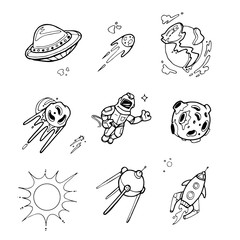 Planets, rockets, spaceships, ufo, stars, astronaut, alien vector set in sketch, doodle hand drawn style