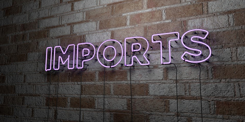 IMPORTS - Glowing Neon Sign on stonework wall - 3D rendered royalty free stock illustration.  Can be used for online banner ads and direct mailers..