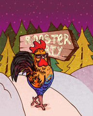 Retro rooster, sign with hand drawn  crowing in the forest, vector