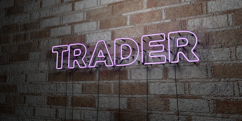 TRADER - Glowing Neon Sign on stonework wall - 3D rendered royalty free stock illustration.  Can be used for online banner ads and direct mailers..