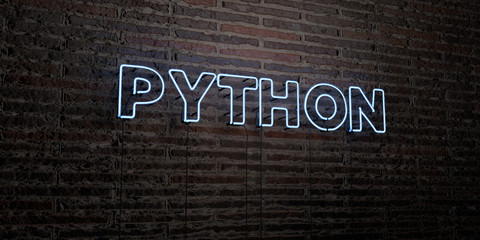 PYTHON -Realistic Neon Sign on Brick Wall background - 3D rendered royalty free stock image. Can be used for online banner ads and direct mailers..