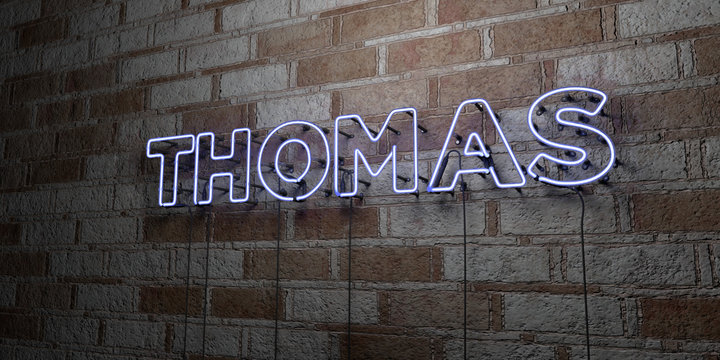 THOMAS - Glowing Neon Sign on stonework wall - 3D rendered royalty free stock illustration.  Can be used for online banner ads and direct mailers..