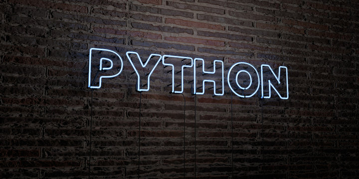 PYTHON -Realistic Neon Sign on Brick Wall background - 3D rendered royalty free stock image. Can be used for online banner ads and direct mailers..