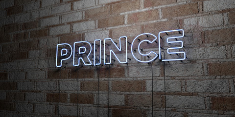 PRINCE - Glowing Neon Sign on stonework wall - 3D rendered royalty free stock illustration.  Can be used for online banner ads and direct mailers..