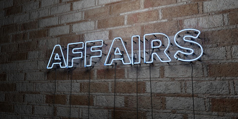 AFFAIRS - Glowing Neon Sign on stonework wall - 3D rendered royalty free stock illustration.  Can be used for online banner ads and direct mailers..
