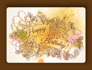 Vintage Happy Birthday card with detailed hand drawn flowers with space for your text. Save the date cards, wedding invitation flowers and decorative elements. Floral invites, boho style.