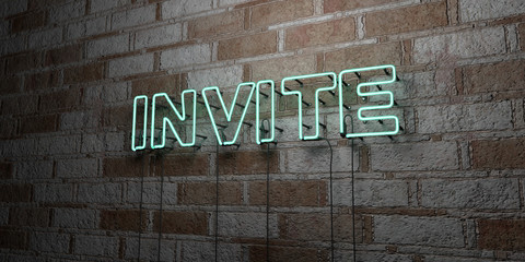 INVITE - Glowing Neon Sign on stonework wall - 3D rendered royalty free stock illustration.  Can be used for online banner ads and direct mailers..