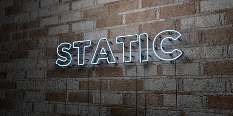 STATIC - Glowing Neon Sign on stonework wall - 3D rendered royalty free stock illustration.  Can be used for online banner ads and direct mailers..
