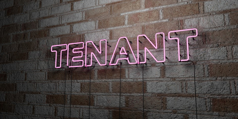 TENANT - Glowing Neon Sign on stonework wall - 3D rendered royalty free stock illustration.  Can be used for online banner ads and direct mailers..