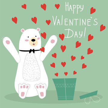 Happy Valentine's day . Cute polar bear opened a box of Valentines. Vector card with text. Vintage style